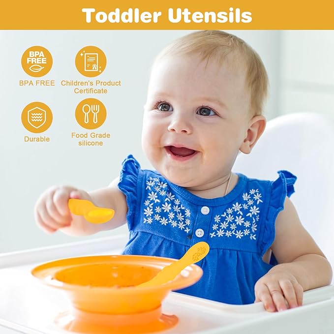 Silicone Baby Spoons Self Feeding 6+ Months 3PCS Toddler Forks and Spoons Utensils Baby Led Weaning Teething Spoon Infant Spoons First Stage Newborn Baby Essentials Baby Gifts Yellow