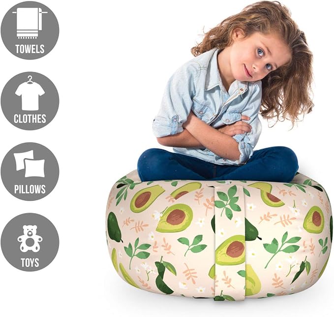 Ambesonne Avocado Storage Toy Bag Chair, Concept of Whole Fruit and Slices with Flowers and Leaves, Stuffed Animal Organizer Washable Bag, Small Size, Champagne Multicolor