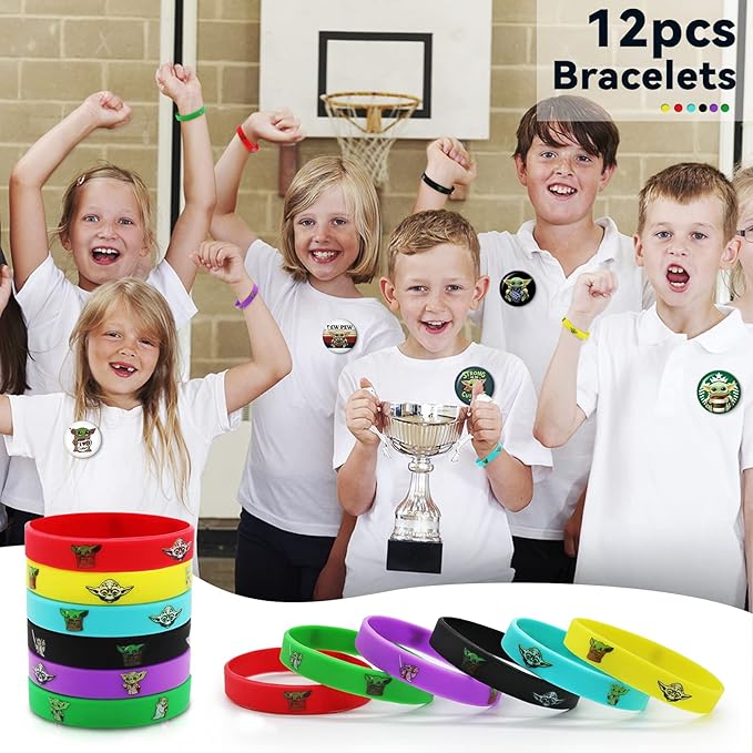 98Pcs Birthday Party Supplies, Baby birthday decorations Favors Set Include 12 Bracelets, 12 Button Pins, 12 Key Chains, 12 Gift Bags and 50 Stickers