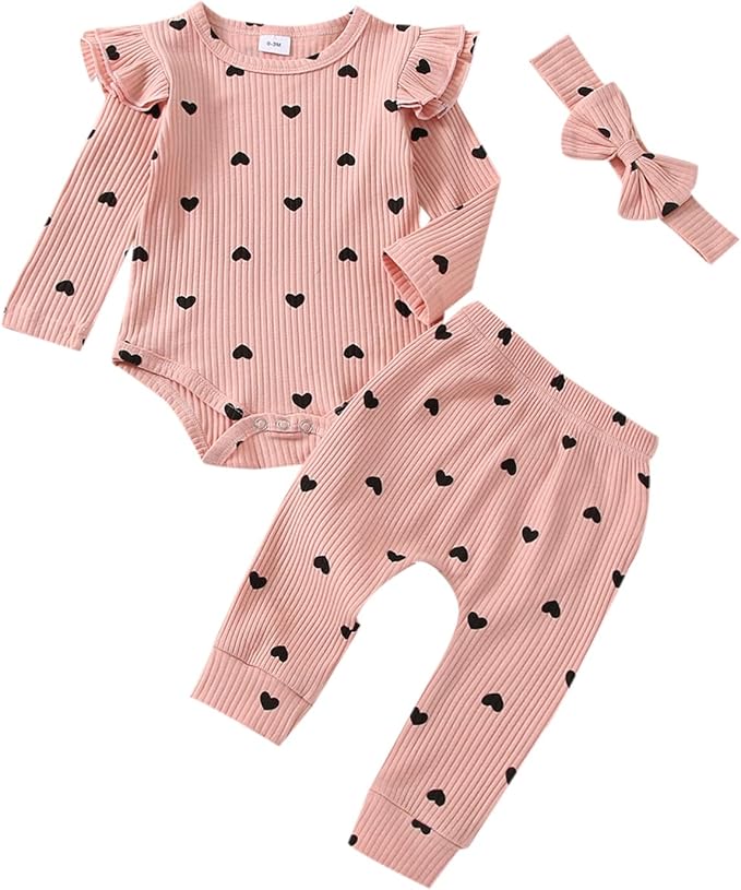 Baby Girl Clothes Newborn Infant Fall Winter Outifts Ribbed Ruffle Long Sleeve Romper Pant Outfit Set 3pcs 0-18Months