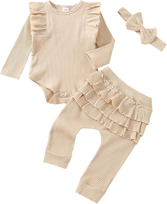 Baby Girl Clothes Newborn Infant Fall Winter Outifts Ribbed Ruffle Long Sleeve Romper Pant Outfit Set 3pcs 0-18Months