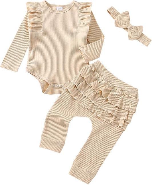Baby Girl Clothes Newborn Infant Fall Winter Outifts Ribbed Ruffle Long Sleeve Romper Pant Outfit Set 3pcs 0-18Months