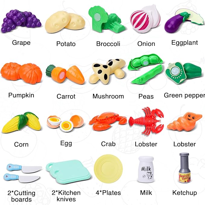 92PCS Cutting Play Food Toy for Kids Kitchen,Play Kitchen Food with Vegetables & Fruit Shopping Basket,Kids Kitchen Accessories set,Kitchen Toys,Food Toys Best Birthday Gift,Play Food for Toddlers 1-3