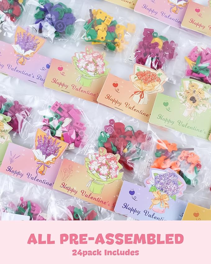 24 Pack Valentine's Flower Bouquets Building Blocks - Ideal for Kids Classroom Exchange, Party Favors, and School Gifts, includes Greeting Cards & Variety Designs for Boys and Girls