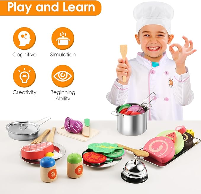 44PCS Play Kitchen Accessories, Wooden Play Food, Kids Kitchen Pretend Play Toys with Stainless Steel Play Pots & Pans Sets, Apron & Chef Clothes, Kitchen Toys for Toddlers Preschoolers Kids