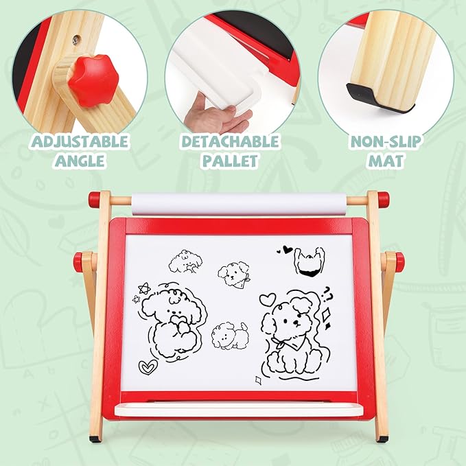 Kids Art Easel, Tabletop Easel for Kids,Wooden Double Sided Kids Easel with Magnetic Whiteboard,Chalkboard and Paper Roll,Great for Girls Boys Ages 3 4 5 Gift
