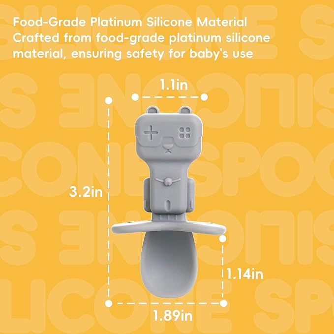 Baby Spoons, 3PCS Silicone Baby Spoons Self Feeding 6+ Months Robot Baby Utensils Baby Led Weaning Spoons with Anti Choke Barrier First Stage Training Toddler Spoons, BPA Free (Yellow)