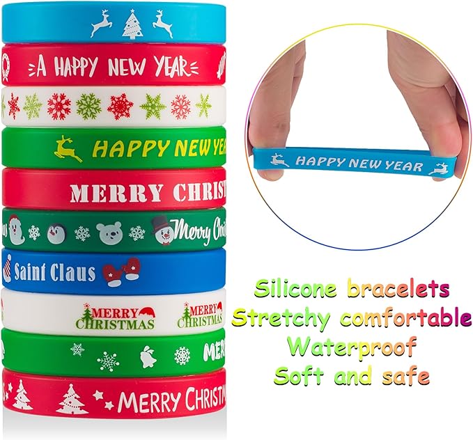 30pcs Christmas Silicone Bracelets for Kids Rubber Wristbands Pack for Christmas Party Favors Supplies Cute Bracelets Bulk for kids&teens Holiday Gifts for Students and Christmas Stocking Stuffers