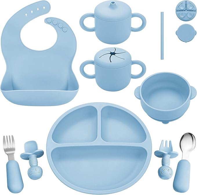 Silicone Baby Feeding Set, Baby Led Weaning Supplies, Eating Essentials Utensils with Suction Plate and Bowl, Pocket Bib, Sippy Cup with Lid, Forks Spoons Snack Container, for 6+ Months, Blue