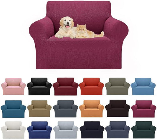 2025 New Stretch Chair Sofa Slipcovers Couch Cover for 1 Seater Furniture Protector Sofa Covers with Elastic Bottom Jacquard Fabric Small Checks for Pets, Kids - Wine