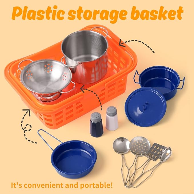 Kids Play Kitchen Toy Accessories Set Toddler Cooking Playset Colorful Stainless Steel Pots and Pans Birthday Gifts for 3+ Girls Boys (Blue)