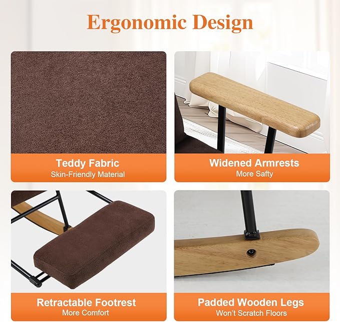 Rocking Chair with Footrest-Glider Rocker Chair with Retractable Footrest and Adjustable Backrest, Teddy Upholstered Rocking Chair, Modern Accent Chair for Living Room/Nursery/Bedroom/Outdoor-Brown