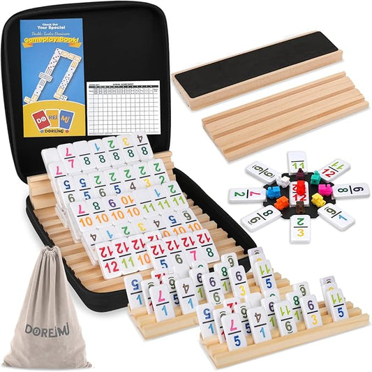 Mexican Train Dominoes Set Numbers and 8 Wooden Racks,Double 12 Travel Domino Train Game with 91 Colored Tiles and Protable Case, Number Domino Set for Kids, Adults Family Board Team Games