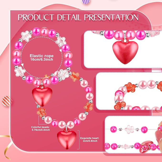 6 PCS Valentine's Day Girls Beaded Bracelets Cute Chunky Bubblegum Bracelets Heart Pendant Crystal Beaded Bracelet for Birthday Photo Props Costume Party Favors, Pink and Red