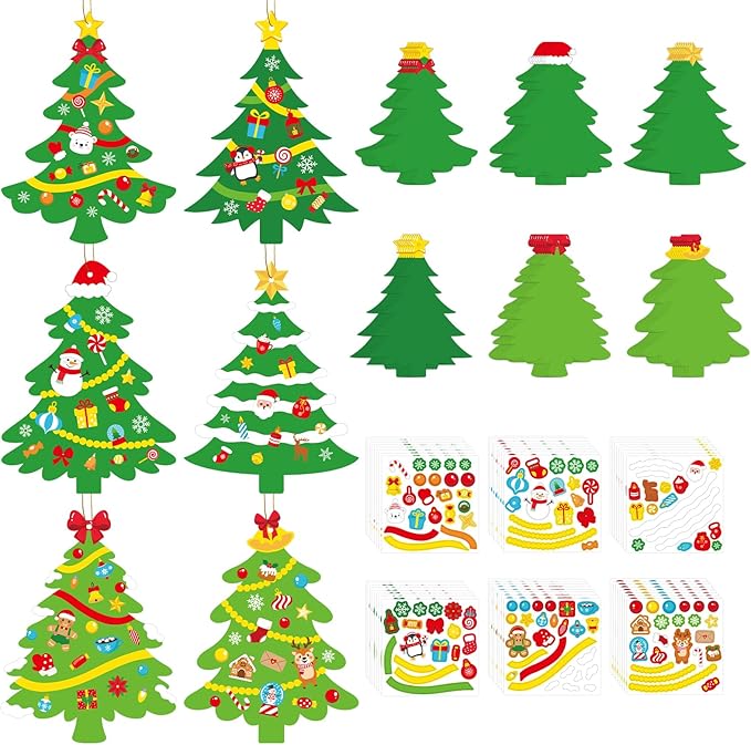48Pcs DIY Christmas Tree Craft Kit for Kids, Holiday Art Making Craft with Stickers, Make Your Own Christmas Bookmark Xmas Party Favor Decorations Classroom Home Game Activities (Christmas Tree)