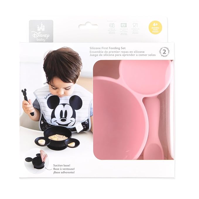 Bumkins Disney Baby Bowl, Silicone Feeding Set with Suction for Baby and Toddler, Includes Spoon and Lid, Essentials for Baby Led Weaning,for Babies 4 Months, Minnie Mouse Light Pink