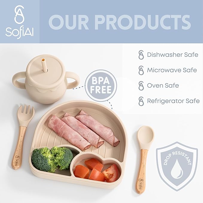 All In One Silicone Baby Feeding Set By SofiAl - Safe for 6-12 Months - Non-Toxic Baby Led Weaning Supplies - Toddler Self Feeding Utensils - BPA-Free - Mess Free Baby Feeding Essentials