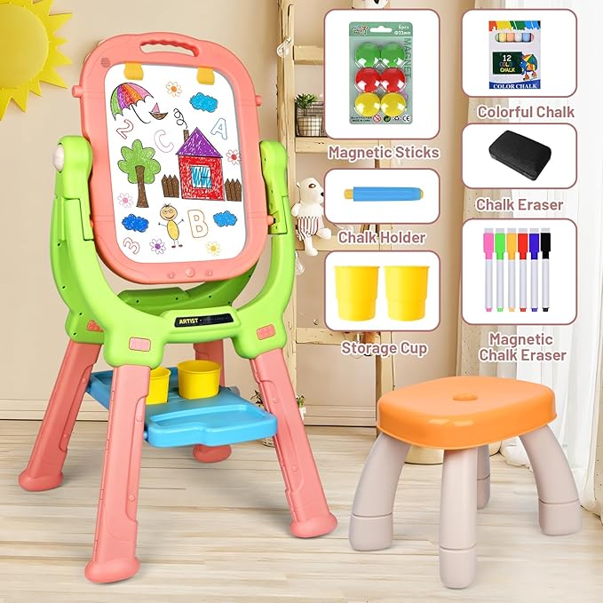 Kids Art Easel and Toddler Ease,Equipped with A Little Bench, Blackboard and Whiteboard, Toddler Art Supplies, Drawing Easel for Toddlers 3-5,Gifts for Children (Pink+Green)
