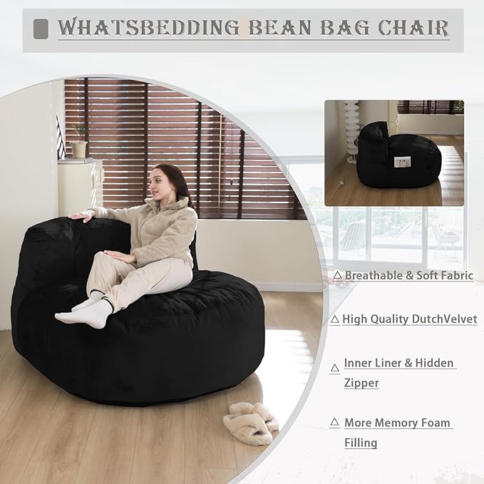 WhatsBedding 5FT Bean Bag Chair for Adults,Kids & Teenagers Bean Bags Giant with Memory Foam Filled,Beanbag Chairs Large Sofa with Dutch Velvet Cover(Black,Large,Back Support)