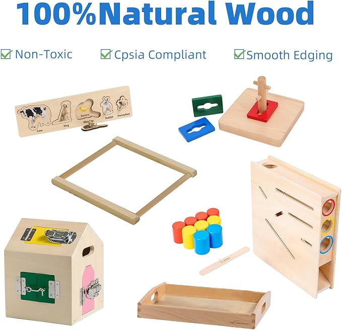 Adena Montessori Play Kit for 19-21 Months Baby,7 in 1 Learning Educational Toys for Toddler,Include Matching and Sliding Cylinder Chute,Dressing Frame and More,Christmas Birthday Gift for Boys Girl