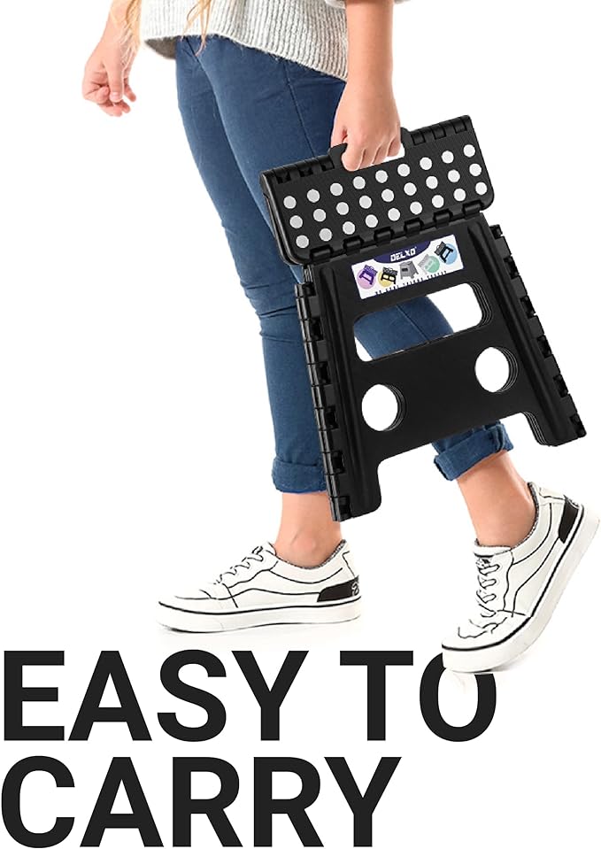 Delxo Folding Step Stool, 13 inch Non-Slip Foldable Stools for Kids & Adults Up to 300 LBS, Step Stool with Handle, Lightweight for Kitchen, Bathroom, Bedroom, Garden, Black, 1PC