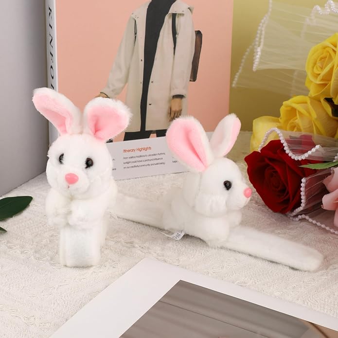2pcs Easter Rabbit Stuffed Animal Slap Bracelets, Cute Easter Slap Bracelets Plush Animals Slap Bands Easter Snap Bracelets Gifts for Birthday Party Christmas