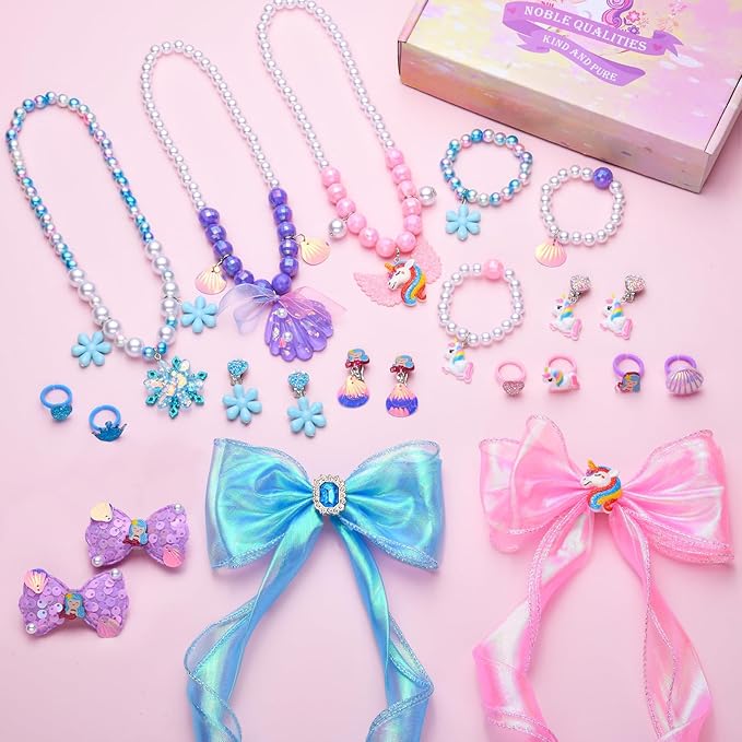 21Pcs Toddler Girls Jewelry Princess Dress Up Hair Bows Bead Necklace Bracelets Pendant Earring Rings, Unicorn Mermaid Forzen Party Favors Costume Accessories Little Girl Birthday Gift Jewelry Toys