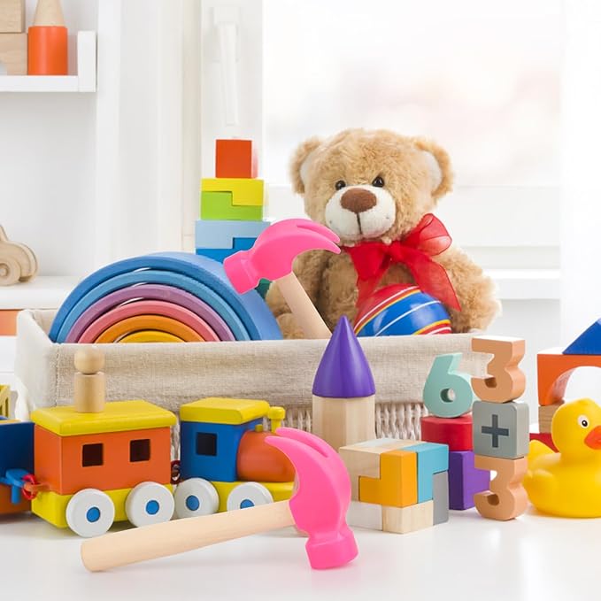 2 Pack Wooden Hammer Toys Simulation Hammers Maintenance Tools Educational Toys for Kids Birthday Party Games Supplies (Rose Red)