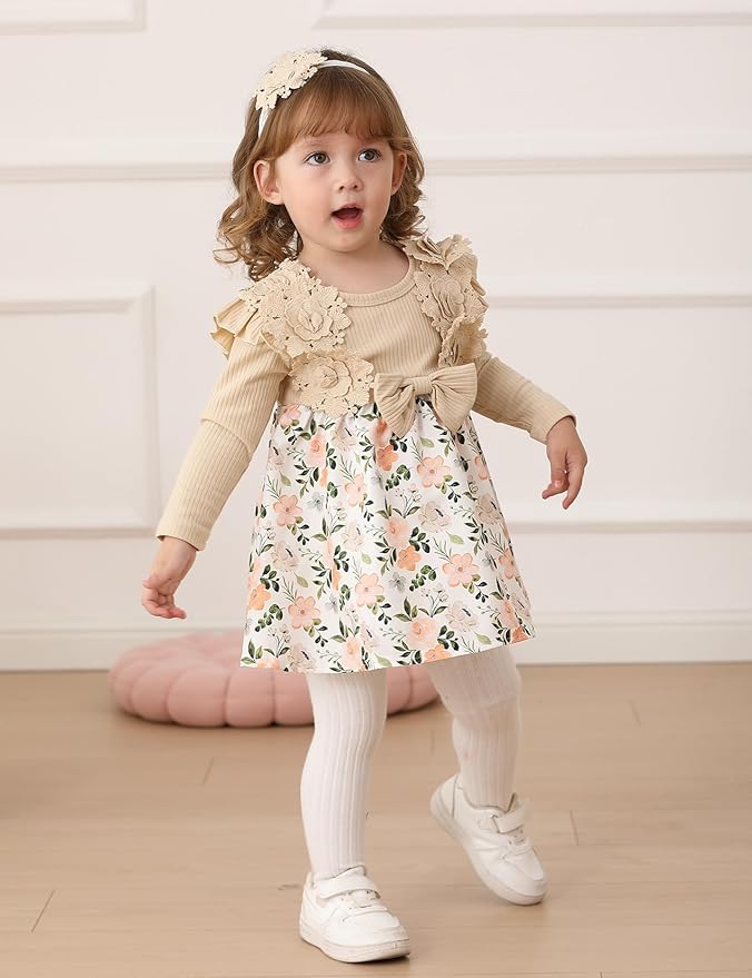 Baby Girl Dress Fall Flower Ruffle with Lace Headband Toddler Girls 3M-3T Infant Dresses Winter Baby Girl Clothes