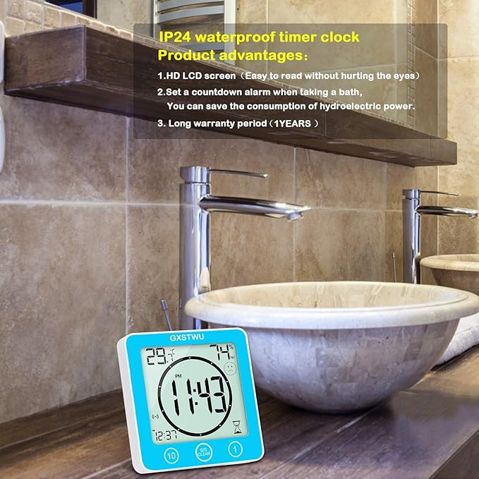 Digital Shower Clock, Bathroom Timer Clock, Waterproof for Water Spray, Count Up Count Down Alarm, Touch Screen Timer, Temperature Humidity, Wall Clock Magnet, Suction Cup, Hanging, Stand Blue