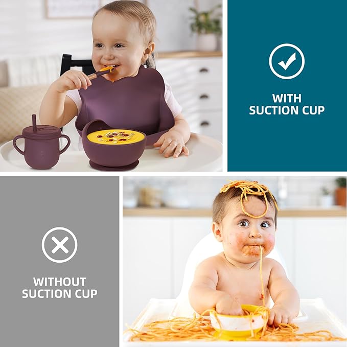 100% Silicone Baby Feeding Set,BPA Free Baby Dishes Set with Suction Bowl Divided Plate,Toddler Self Feeding Dish Set with Spoons Forks Sippy Cup and Bib, Baby Eating Utensils(Dark Red)