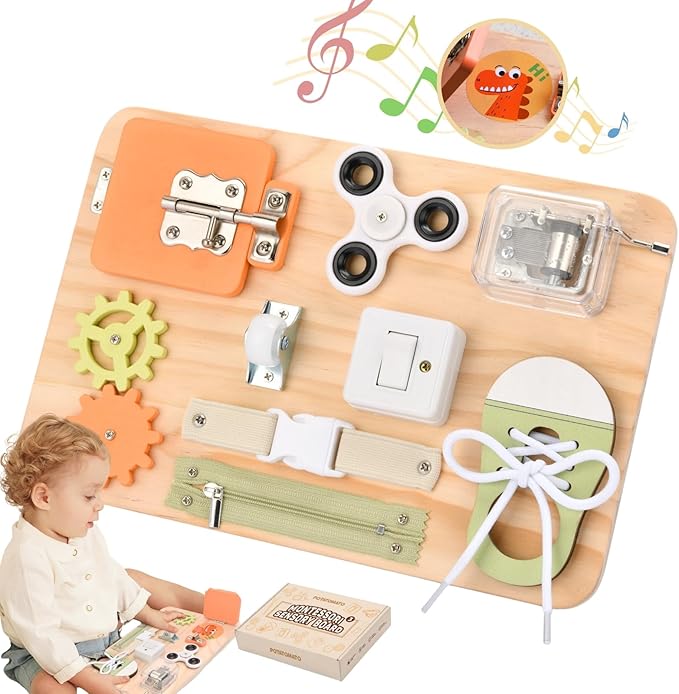 Montessori Toys for Tooddlers- Busy Board for 1 2 3 4 years - Educational Fidget Toys for Baby - Wooden Sensory Toys Autistic Children - Preschool Activities - Fine Motor Skills – Travel Toy