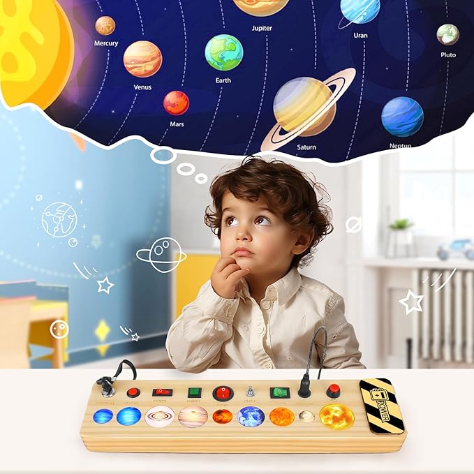 Solar System Busy Board Montessori Toys for Toddler, Wooden Sensory Board Switch Space Toy LED Light Up Travel Toys Educational Plane Travel Activity for Year Old Girls & Boys Gifts