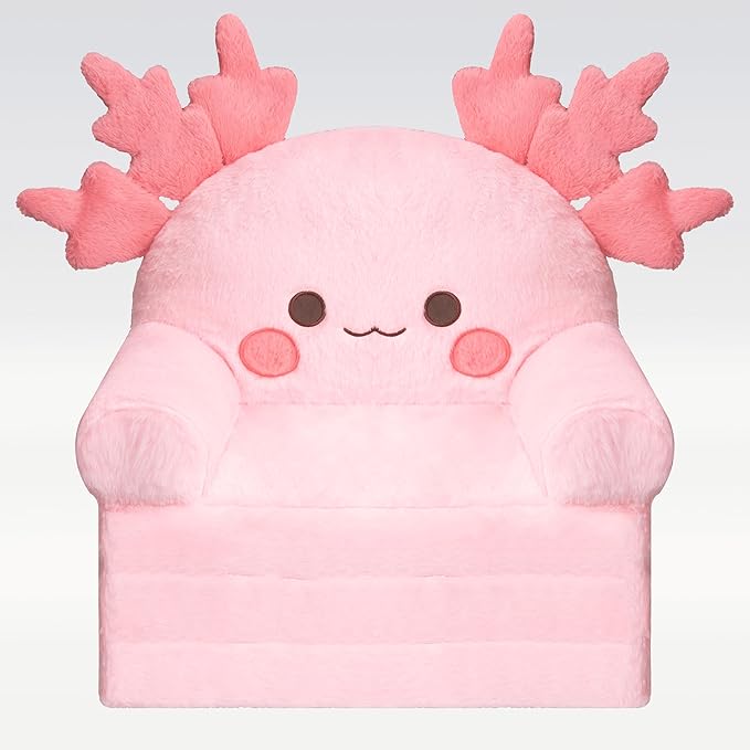 MONKISS 2-in-1 Toddler Couch Chair Comfy, Kids Chair Couch, Mini Couch, Flip Out Sherpa Kids Sofa, Baby Couch, Chair for Toddlers 1-3, Kids Lounge Chair Reading Chair, Kids Couch Bed Fold Out, Axolotl