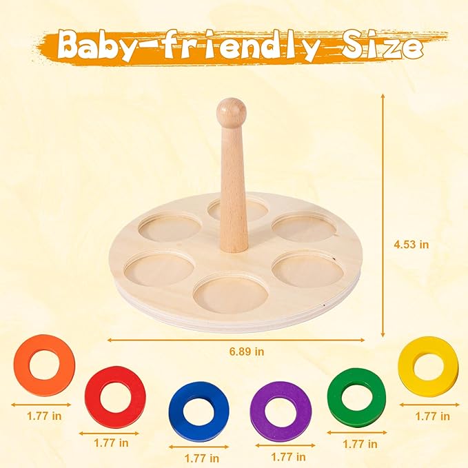 Adena Montessori Wooden Stacking and Sorting Ring,Wooden 6 Rings on Peg,Wooden Rainbow Stacking Rings Baby Toy, Stacker Toys for Infants and Toddlers,Wood Educational Developmental Toy Multicolor