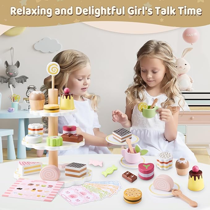 Wooden Tea Party Set for Little Girls, Ehome Princess Tea Time Toy Including Dessert Tray Cake, 31pcs Kids Dessert Toys Pretend Play for Girls Boys Age 1-6