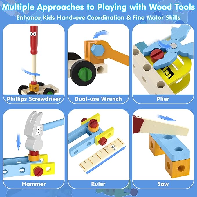 45 Pcs Kids Tool Set, Toddler Tool Set with Tool Box, STEM Construction Preschool Educational Toys for Age 3 4 5 6 7 Boys Girls, Wooden Tool Kits Toys, Christmas Birthday Present for Kids