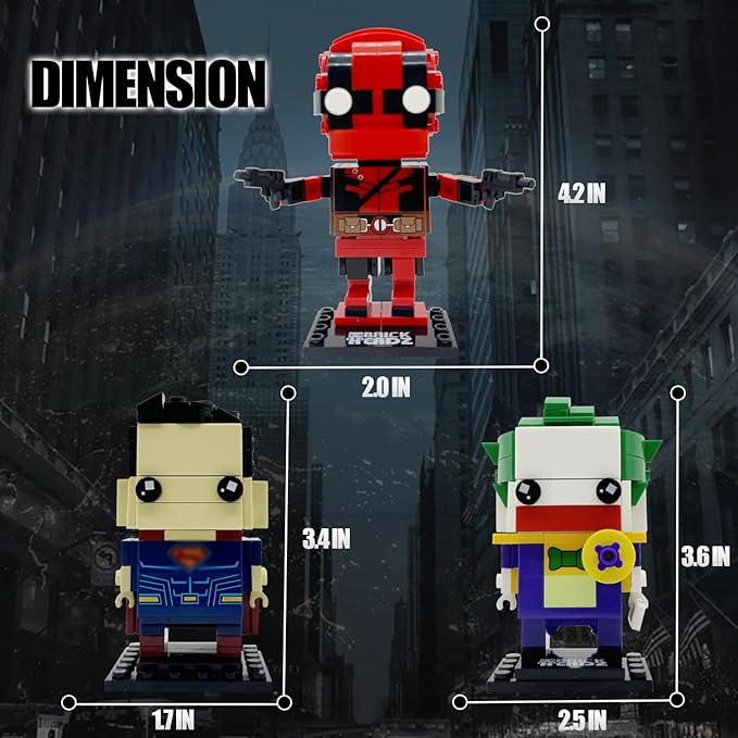 3 Animated Movies Building Figures Compatible with Lego, Comedy Dead Pool - Scheming Joker - Justice Superman Brick Mini Headz, Comic Book Film Character Superheroes Stacking Toy Ideal Gift for Kid