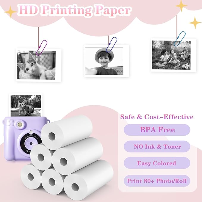 20 Rolls Kids Camera Instant Print Refill Paper Set, Phetium HD Printing Thermal Paper for Most Kids Instant Camera Photo Print (White-20 Rolls)