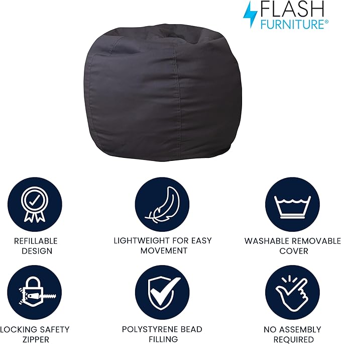 Flash Furniture Dillon Small Bean Bag Chair for Kids and Teens, Foam-Filled Beanbag Chair with Machine Washable Cover, Gray