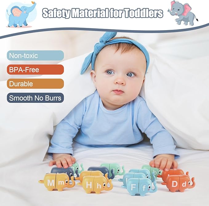 13PCS Elephant Alphabet Learning Toys for Toddlers 2-4, Toddler Preschool Learning Activities, Educational Montessori Toys for 2 Year Old, Double Sided Matching Game A-Z