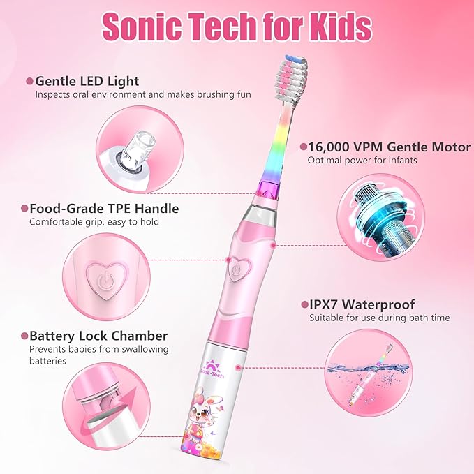 Kids Electric Toothbrush Toddler Toothbrush Age 2-4-8-12 Girls Electric Toothbrush with Timer Rainbow LED Light Up Vibrating Toothbrush Battery Operated Childrens Sonic Tooth Brush (Rabbit Pink)