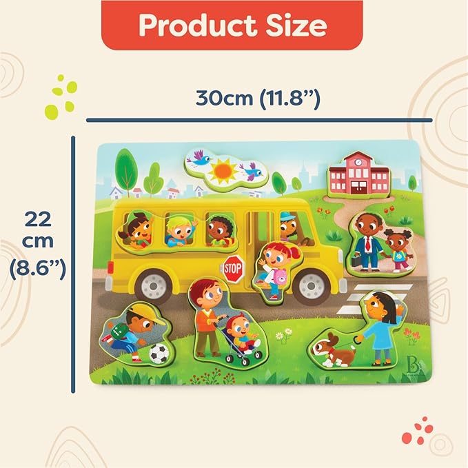 B. toys- Peek & Explore 4-Pack: Bus, Sea, Space, Dino- Chunky Puzzle 4-Pack – Wooden Puzzles – Sea, Space, Bus, Dinos – 8 Pieces Each – 2 Years +