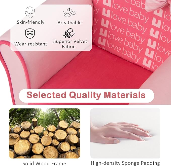 Costzon Kids Pink Couch, Children's Sofa Upholstered Armchair with Velvet Surface & High-Density Sponge, Lightweight Preschool Toddler Chair for Boys Girls Aged 1-3, Bedroom Playroom Gift Presents