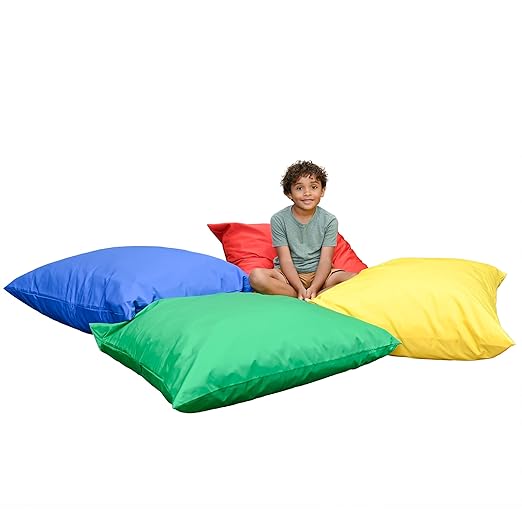 Children's Factory, CF650-507, 27" Cozy Floor Pillows, Set 4, Primary, Flexible Seating Classroom Furniture, Daycare or Preschool Kids Reading Nook