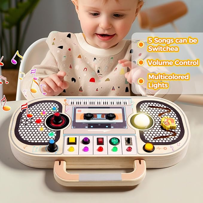 Busy Board Toys for 1 2 3 4 Year Old, Wooden Sensory Sensory Toy with Musical LED Lights Switches Motor Skills Developmental Early Educational Travel Baby 12-18 Month Toddler Birthday Gifts