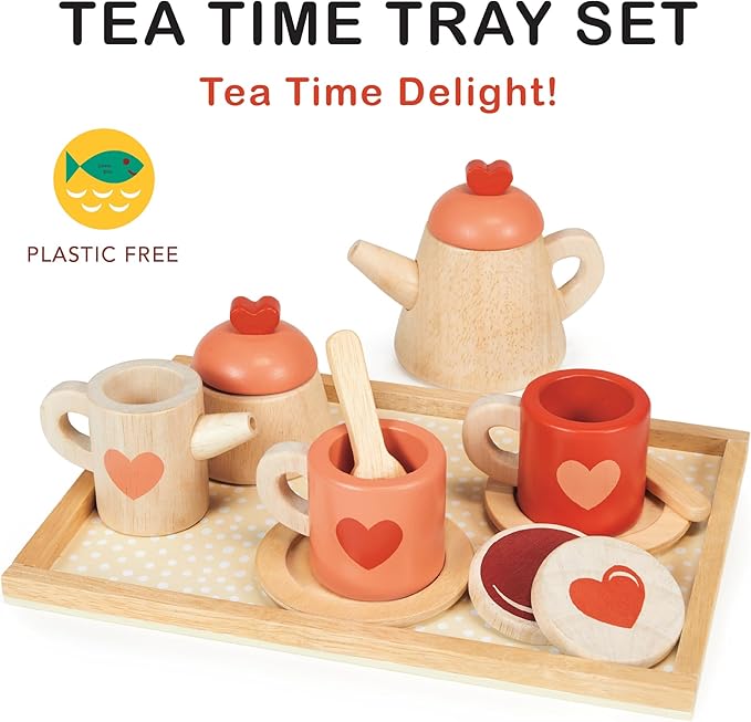 Mentari Toys - Tea Time Tray Set - Wooden Pink Teapot, Cups and Trays for Pretend Afternoon Tea Party - Social, Creative, and Imaginative Development - Learning Role Play - Age 3+
