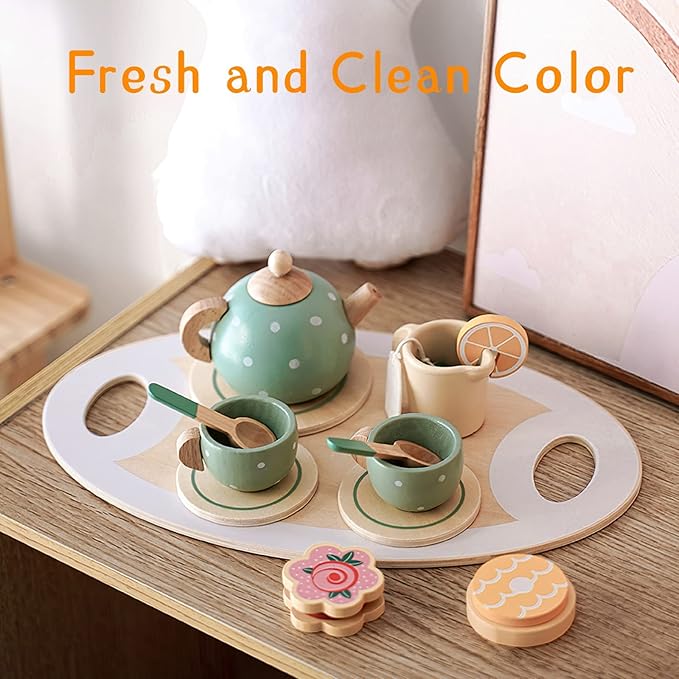 Wooden Tea Party Set for Little Girls Toys, Pretend Play Kids Tea Set for Toddlers Wood Toys, Wooden Play Food Kitchen Accessories Sets for Kid