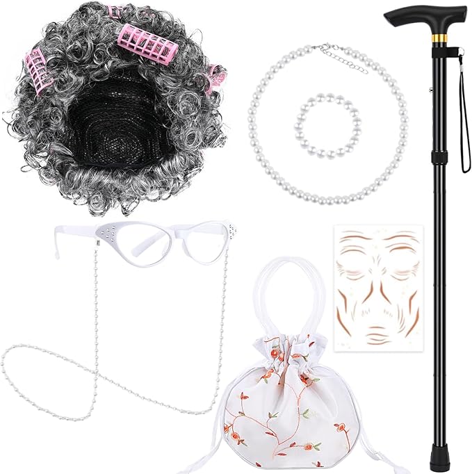 9 PCS 100 Days of School Old Lady Wig Set Include Wig Glasses Necklace Bracelet Glasses Chain Bag Cane and Stickers