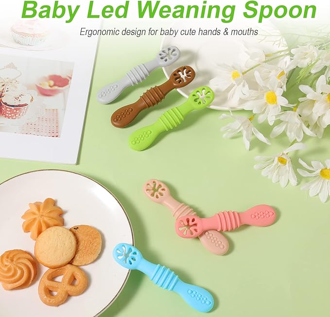 6pcs Silicone Baby Spoons, First Stage Toddler Utensils Baby Led Weaning Spoons BPA Free Baby Chew Spoon Training Spoon Set Toddler Self Feeding Utensils for Baby 6+ Months (6 Colors) Z20010
